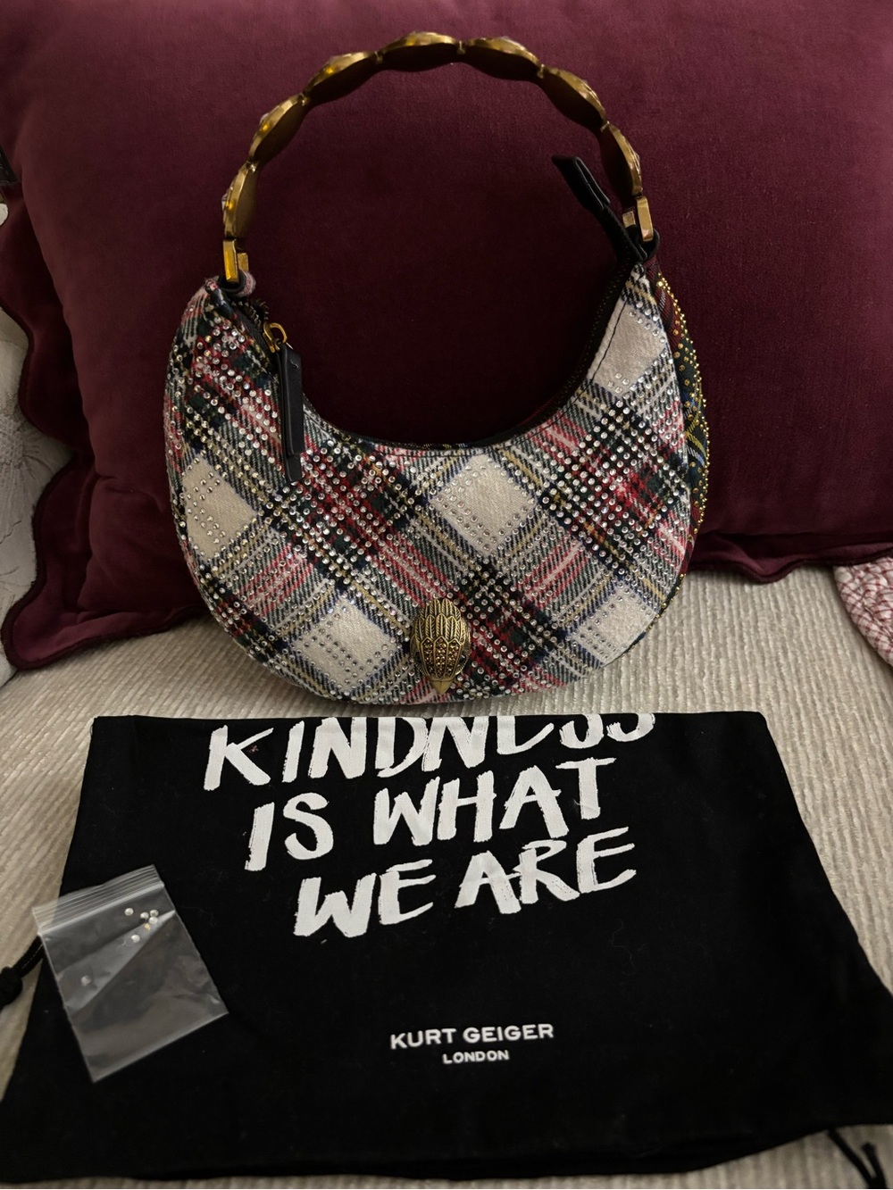 Kurt Geiger London Small Octavia Twill Shoulder Bag Tartan Crystal Studded. NWOT